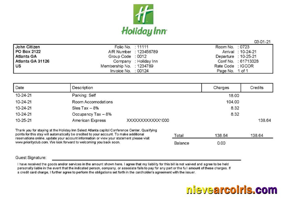 USA Holiday Inn InterContinental Hotels Group invoice